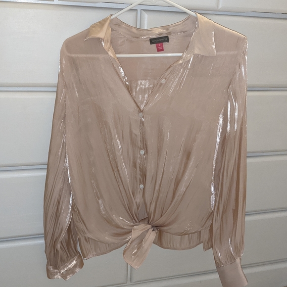 Vince Camuto Tie-Front Blush Collared Blouse Shimmer Pink Button Down Small - Picture 6 of 6